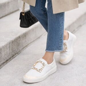 Roger Vivier Crystal Buckle White Leather Slip-On Sneakers Luxury Size 37.5